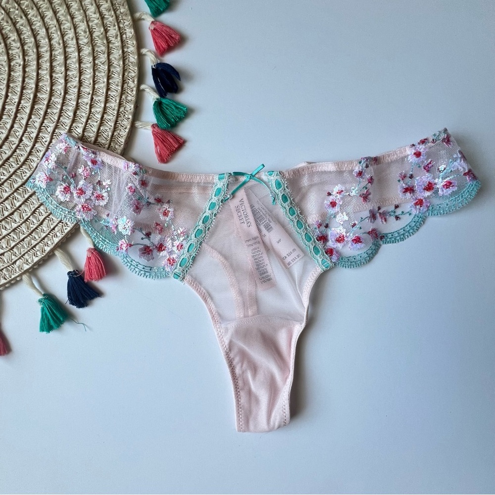 Victoria's Secret Cherry Blossom Embroidery Thong Panty Pink Multi XXL NEW